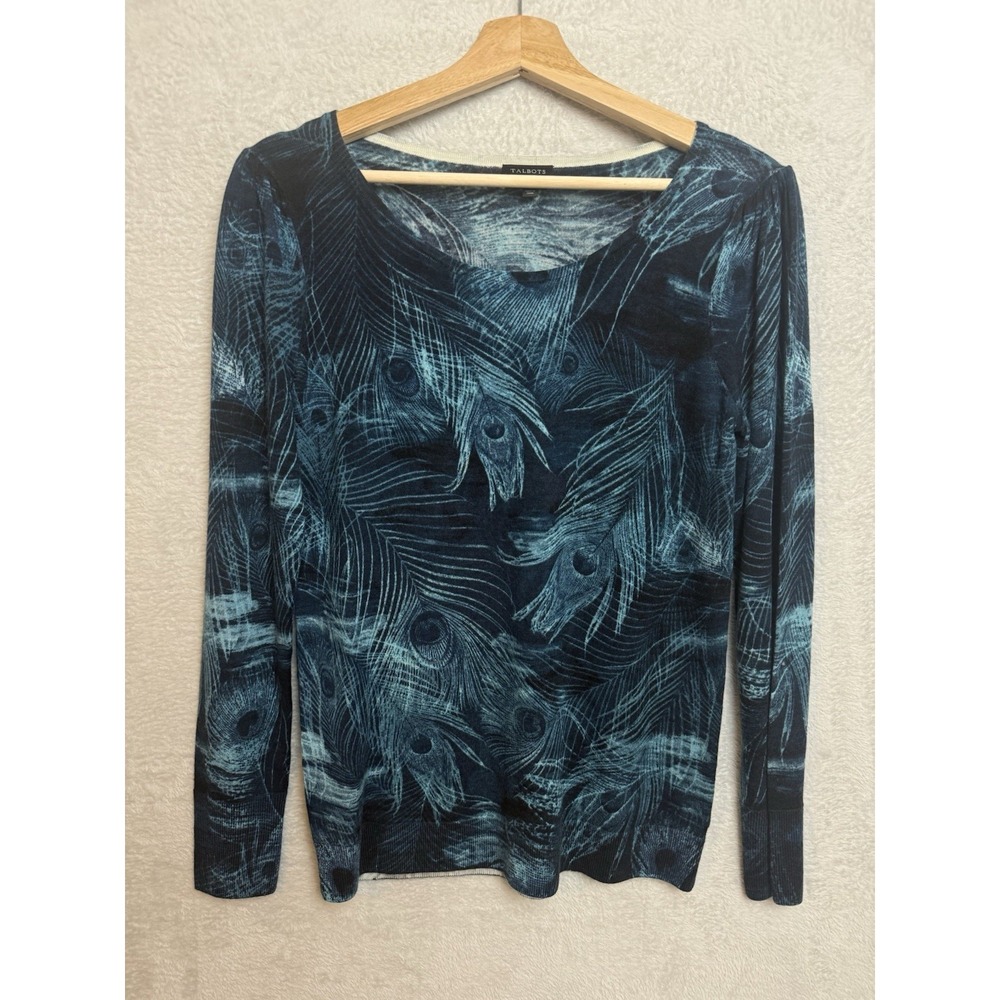 Talbots Gathered Shoulder Merino Wool Peacock Sweater Artsy All Over Print